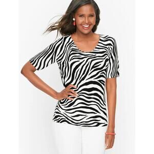 Talbots Women's Elbow Sleeve V-Neck Zebra Knit Sweater, Size 1X, White & Black